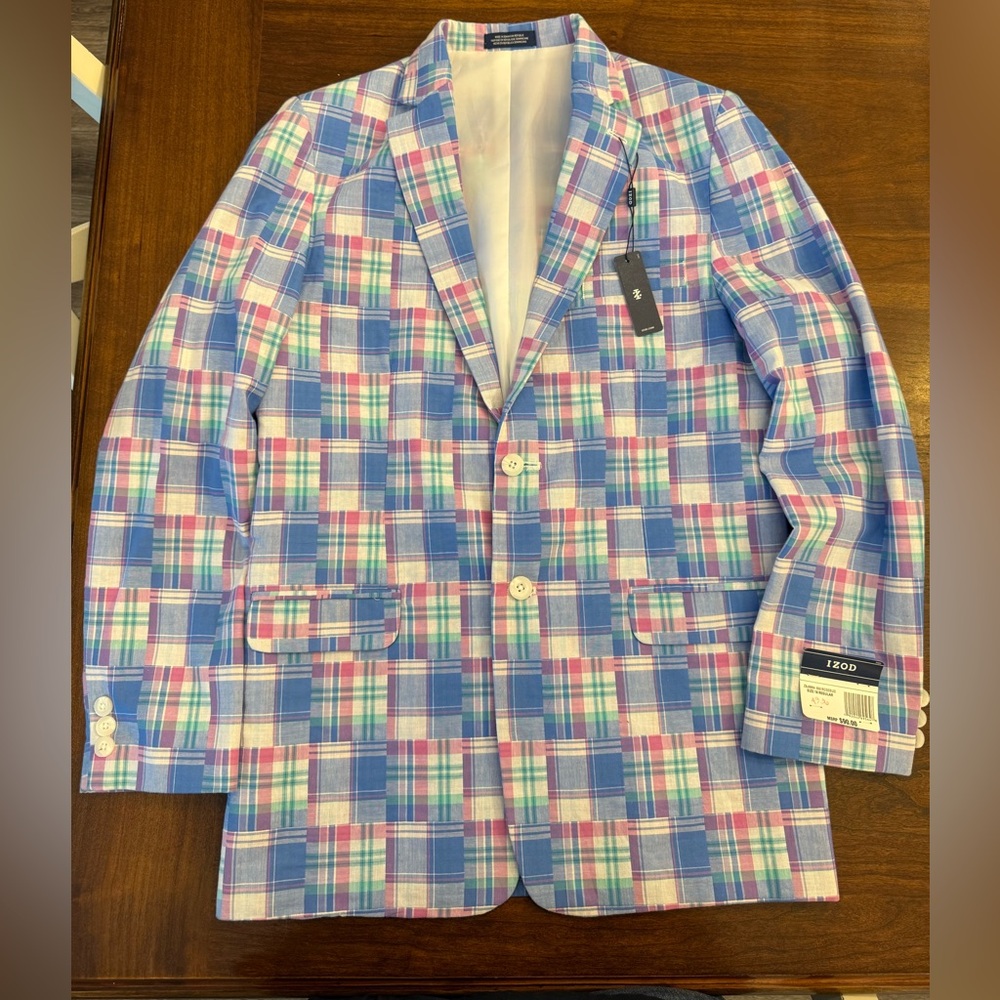Izod BNWT Boys size 18 Blue and Pink Plaid blazer